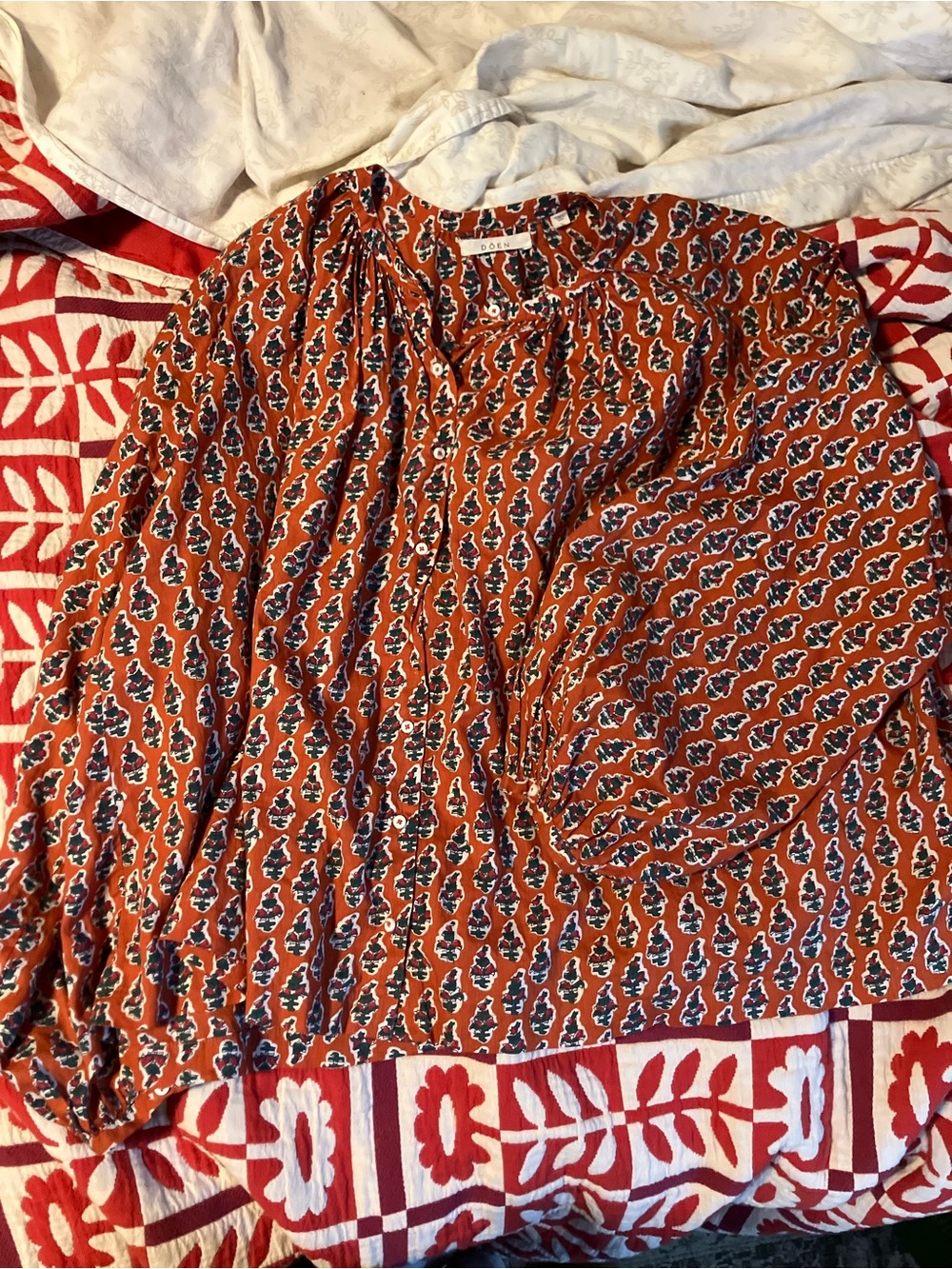 Doen Burnt Orange Printed Peasant Blouse